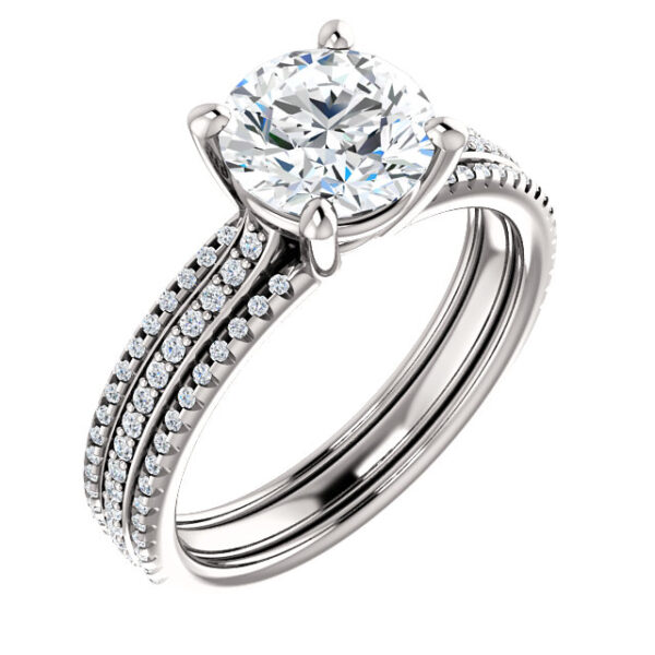Classic 4 prong with 3 rows of accented side stones.